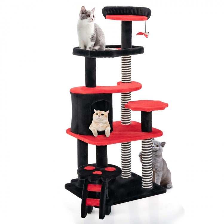 Gothic cat tree in black and red featuring multiple levels, a cozy cat bed, and sisal scratching posts for playful cats.