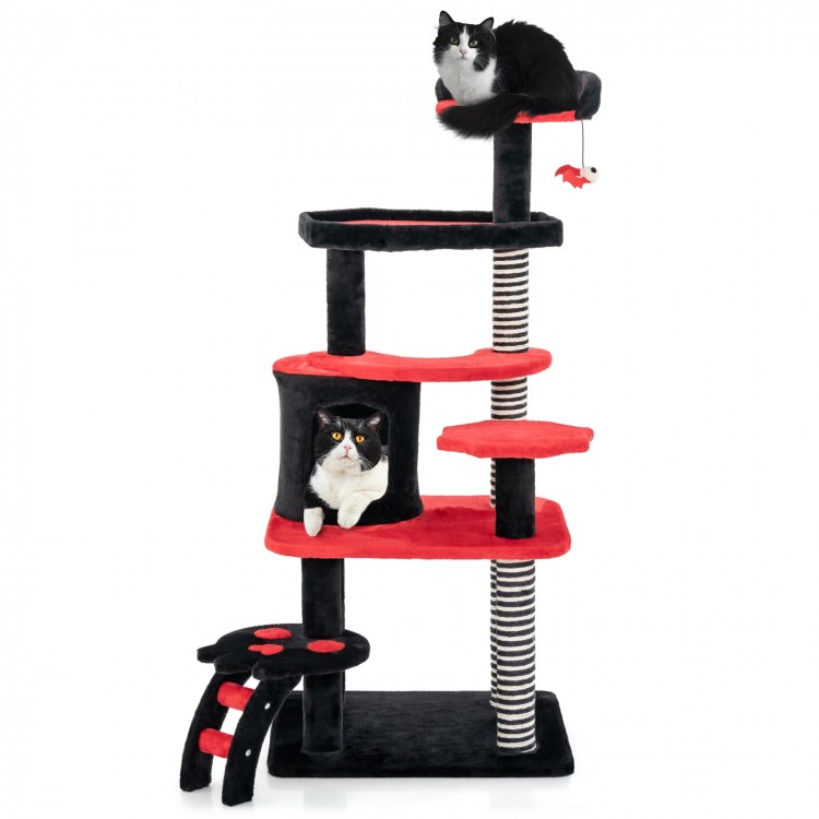Gothic cat tree in black and red with multiple levels, cat bed, condo, and sisal scratching post for playful cats.