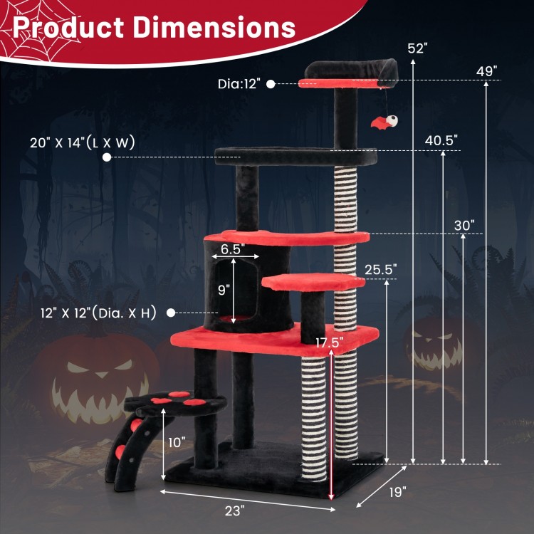 Gothic cat tree in black and red with multiple levels, sisal scratching posts, and a cozy cat bed for feline relaxation.