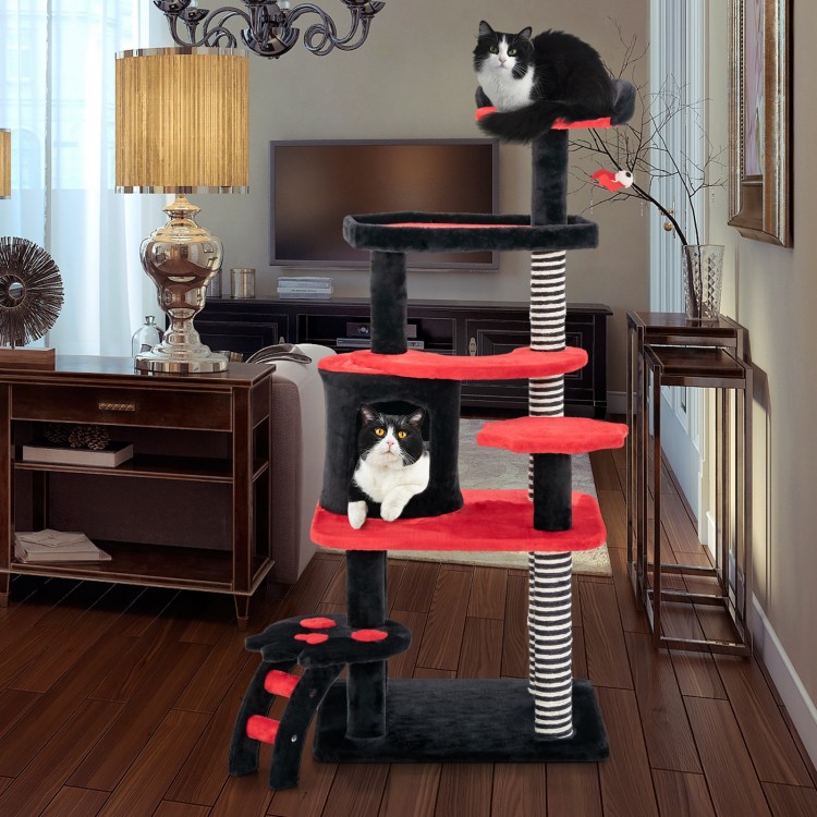 Gothic cat tree in black and red featuring a cat bed, condo, and sisal scratching posts for playful feline relaxation.