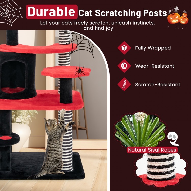 Gothic cat tree in black and red with sisal scratching posts, cat bed, and climbing ladder for feline fun and.