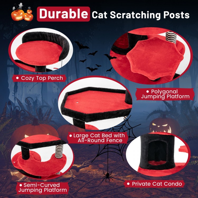 Gothic cat tree featuring a cozy top perch, spacious cat bed, and sisal scratching posts in black and red for feline.