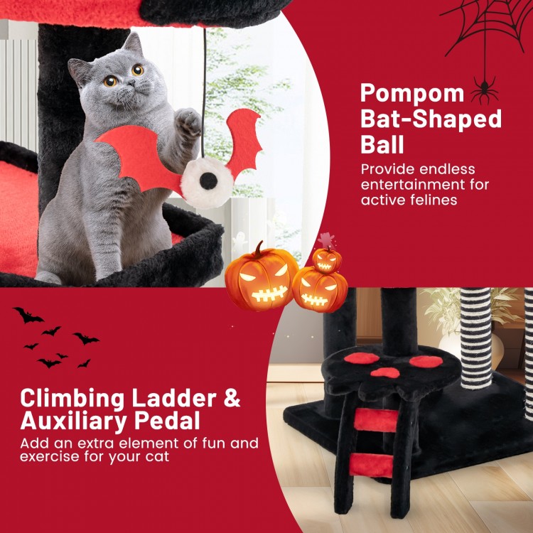 Gothic cat tree featuring a climbing ladder, pompom bat-shaped ball, and plush cat bed for active feline fun.