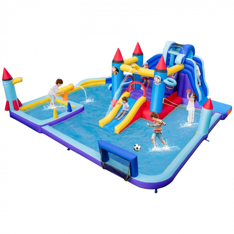 Rocket Theme Inflatable Water Slide Park featuring slides, splash pool, and various play areas for summer fun.