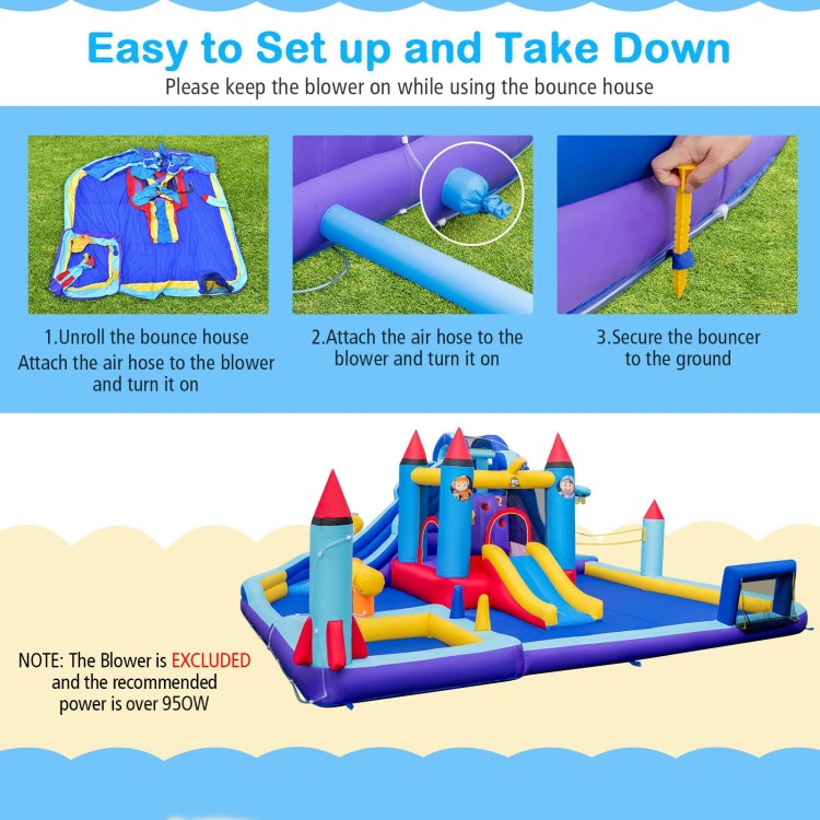 Rocket theme inflatable water slide park featuring multiple play areas, durable oxford cloth, and easy setup for summer.