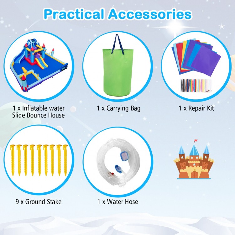 Rocket theme inflatable water slide park with carrying bag, repair kit, ground stakes, and water hose for summer fun.