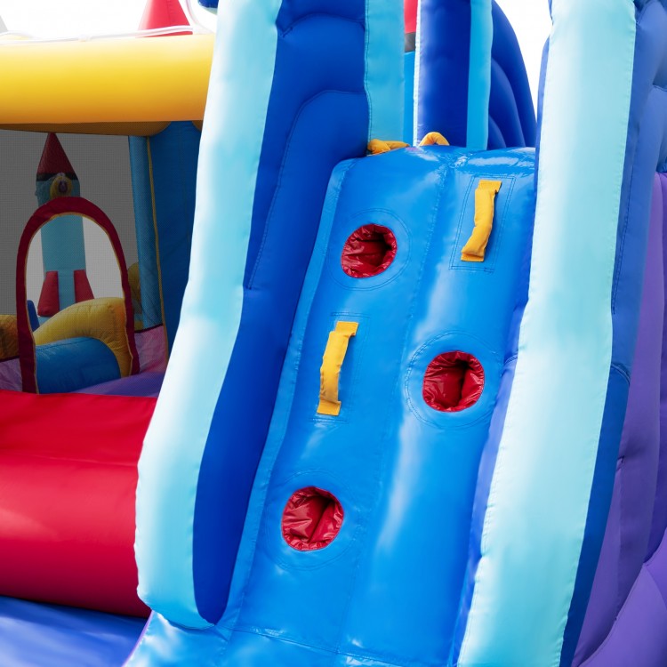 Close-up of the blue slide on the Rocket Theme Inflatable Water Slide Park, featuring durable oxford cloth for.