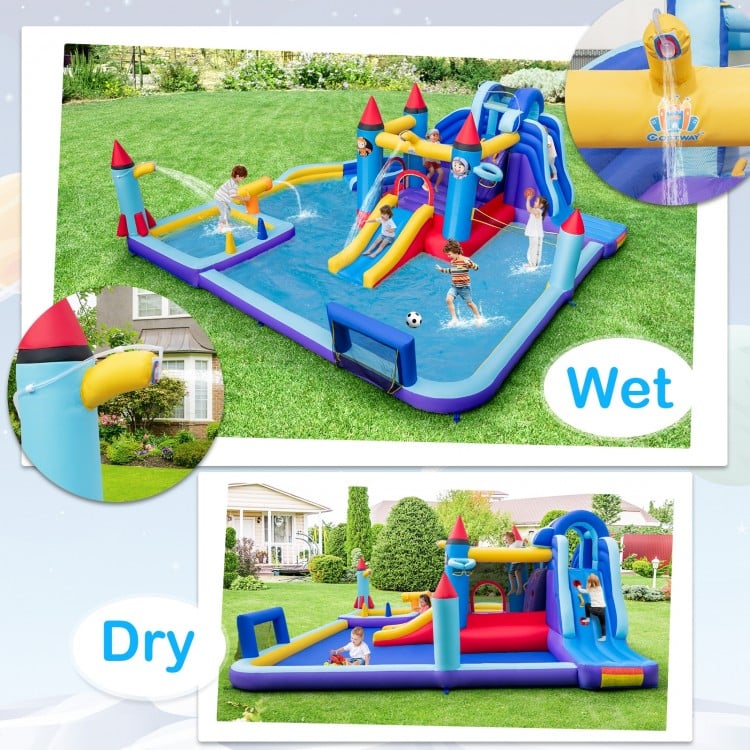 Rocket theme inflatable water slide park for kids, featuring wet and dry use, durable oxford cloth, and various play.