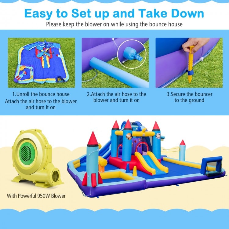 Rocket theme inflatable water slide park with 950W blower, featuring slides, splash pool, and safety mesh walls for.