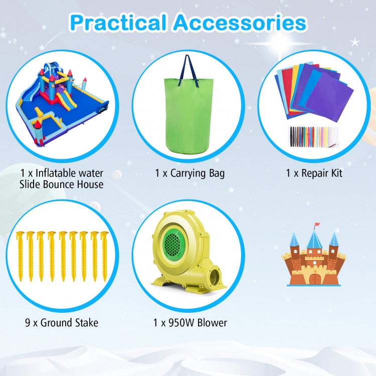 Rocket theme inflatable water slide park with 950W blower, featuring a carrying bag, repair kit, and ground stakes for.