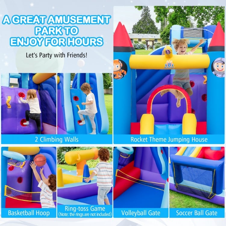 Rocket theme inflatable water slide park featuring climbing walls, a splash pool, and various play areas for kids' fun.