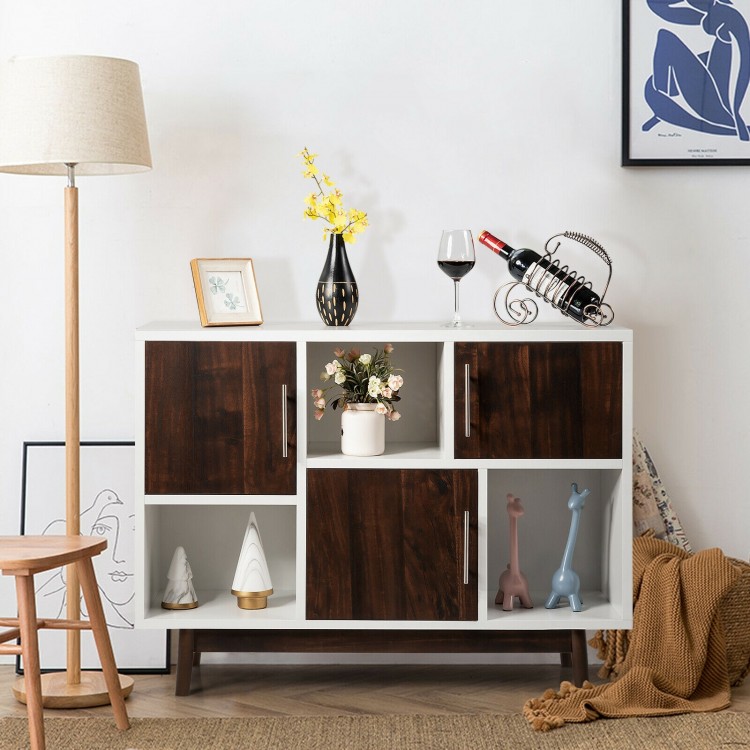 Wood display sideboard storage cabinet with 6 compartments, featuring espresso grained doors, ideal for home.