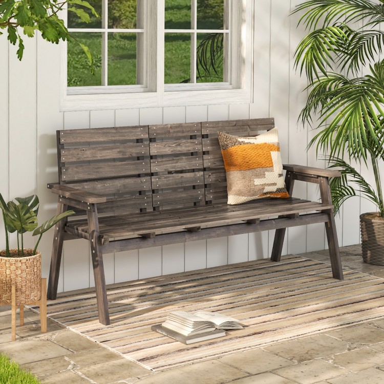 Outdoor fir wood bench with foldable middle table in gray, perfect for patio or garden seating for 2-3 people.