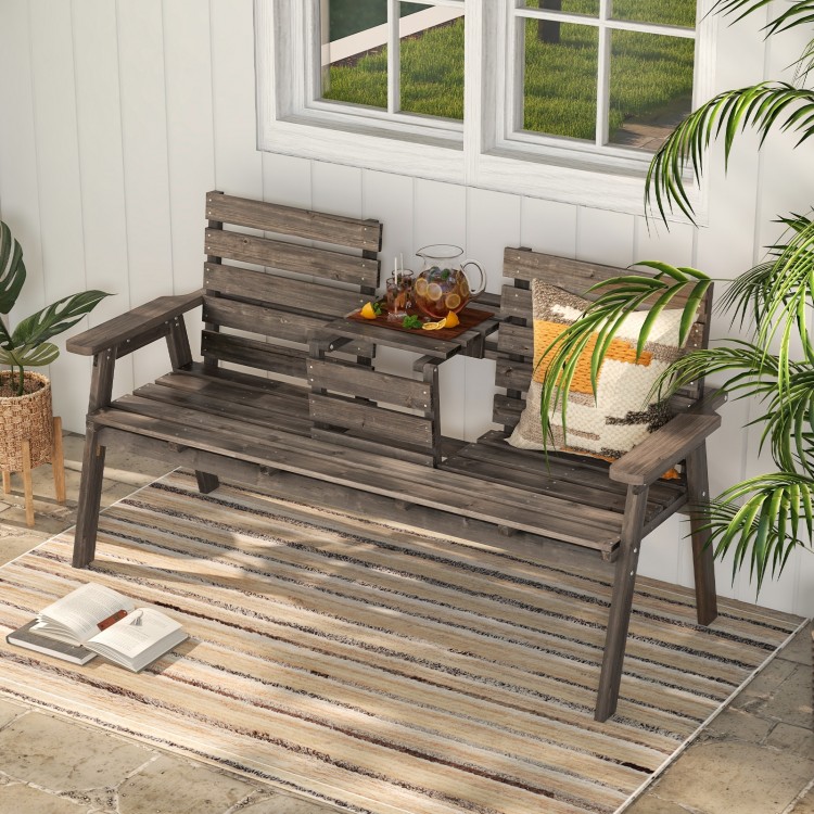 Outdoor fir wood bench in gray with foldable middle table, perfect for patio seating and versatile use.