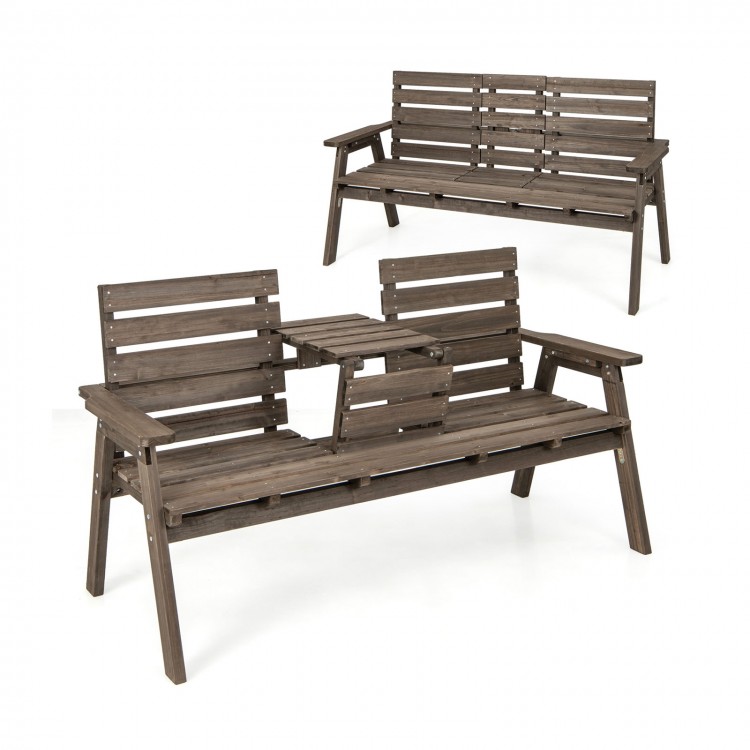 Outdoor Fir Wood Bench with Foldable Middle Table - Gallery View 1 of 10