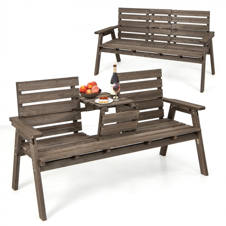 Outdoor fir wood bench in gray with a foldable middle table, perfect for patio seating and gatherings.