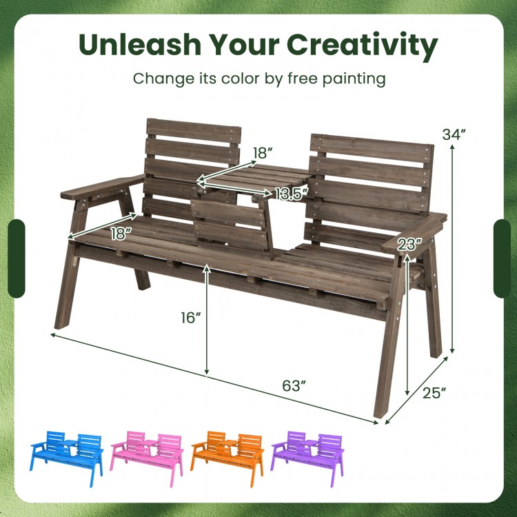 Outdoor fir wood bench with foldable middle table, gray finish, ideal for patio seating and creative color.
