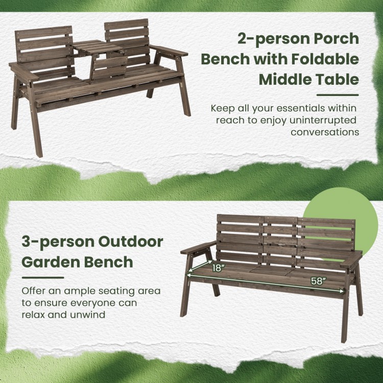 2-person outdoor fir wood bench with foldable middle table, gray finish, ideal for patio or garden relaxation.