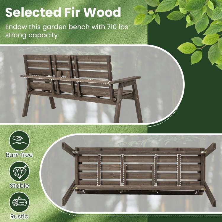 Outdoor fir wood bench with foldable middle table, gray finish, sturdy design for patio or garden seating, 710 lbs.