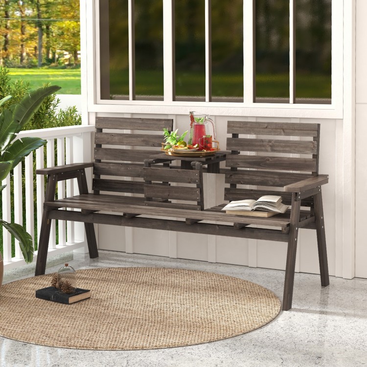 Outdoor fir wood bench with a foldable middle table, featuring a rustic gray finish, ideal for patio and garden use.