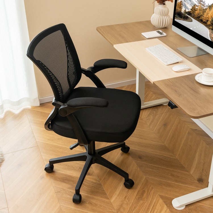 Ergonomic black office chair with adjustable height, flip-up armrests, and a rocking backrest for comfortable seating.