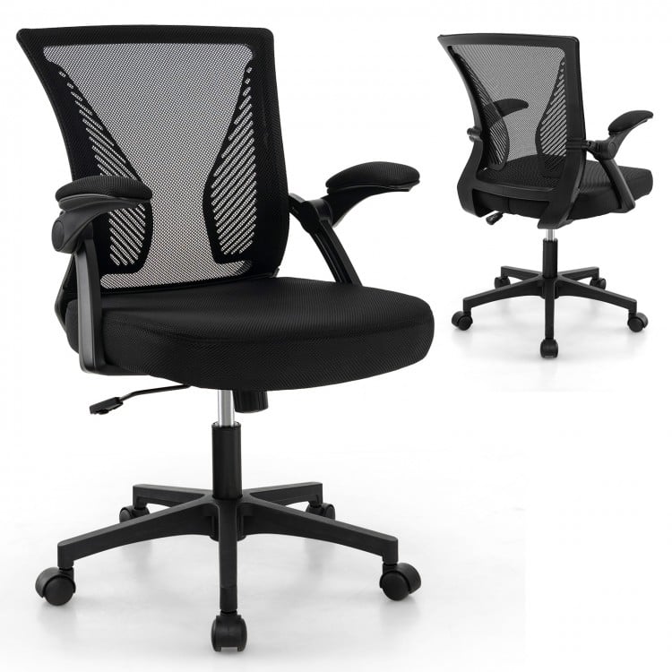 Ergonomic black office chair with adjustable height, swivel seat, and flip-up armrests for versatile comfort and.