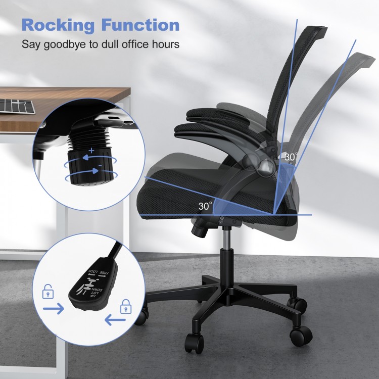 Ergonomic office chair with adjustable height, 30° rocking function, and flip-up armrests for versatile comfort.