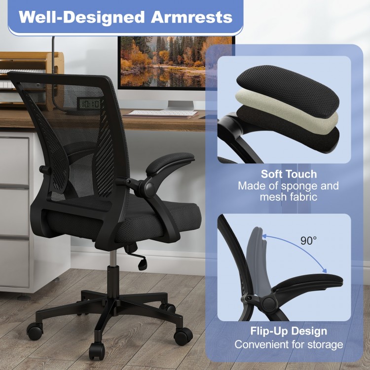 Ergonomic office chair with adjustable height, flip-up armrests, and mesh fabric for comfortable seating in black.