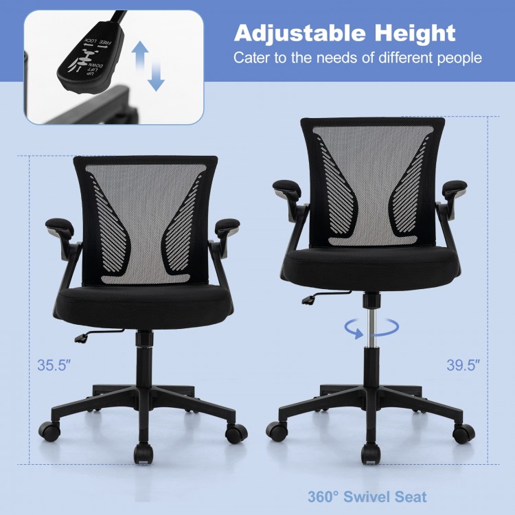 Ergonomic black office chair with adjustable height, 360° swivel seat, and flip-up armrests for versatile use.