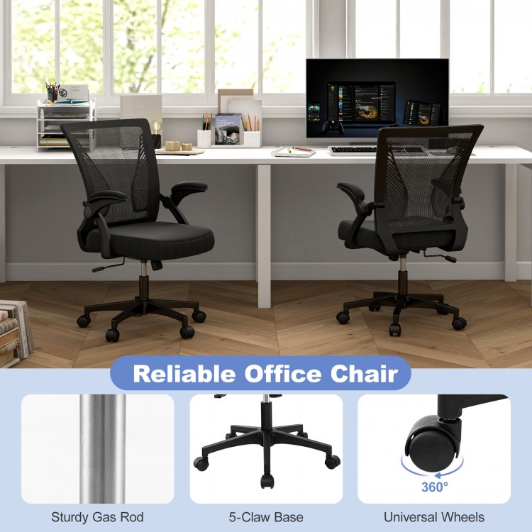 Ergonomic black office chair with adjustable height, 360° swivel, and flip-up armrests for versatile workspace use.