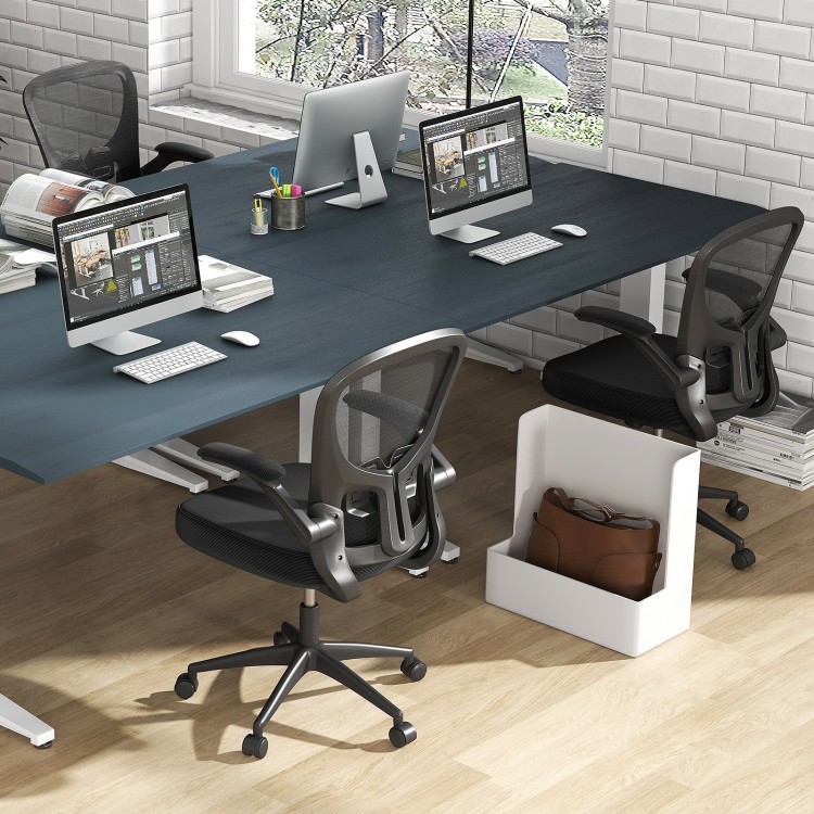 Adjustable swivel mesh task office chair with flip-up armrests in black, designed for comfort and ergonomic support.