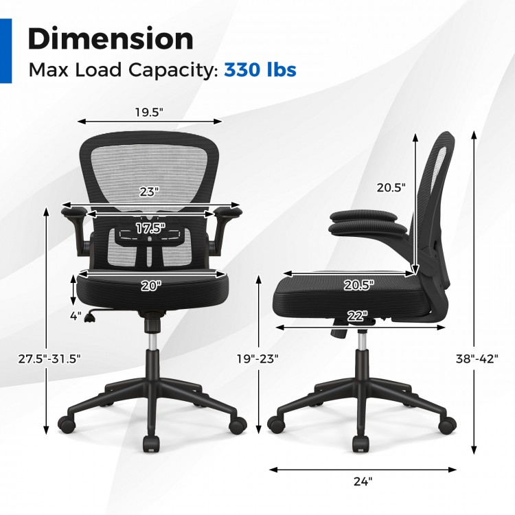 Adjustable swivel mesh task office chair dimensions with flip-up armrests, max load capacity 330 lbs, for ergonomic.