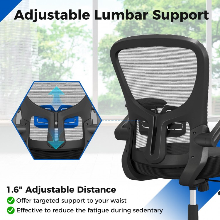 Adjustable lumbar support on a black mesh office chair, designed to reduce fatigue during long hours of sitting.