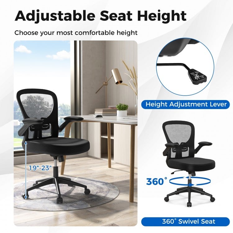 Adjustable swivel mesh task office chair with flip-up armrests, 360° swivel, and height adjustment for optimal comfort.