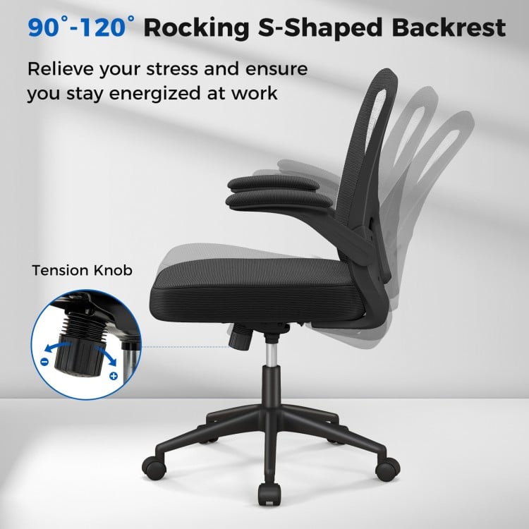 Adjustable swivel mesh office chair with flip-up armrests, featuring a rocking s-shaped backrest for enhanced comfort.