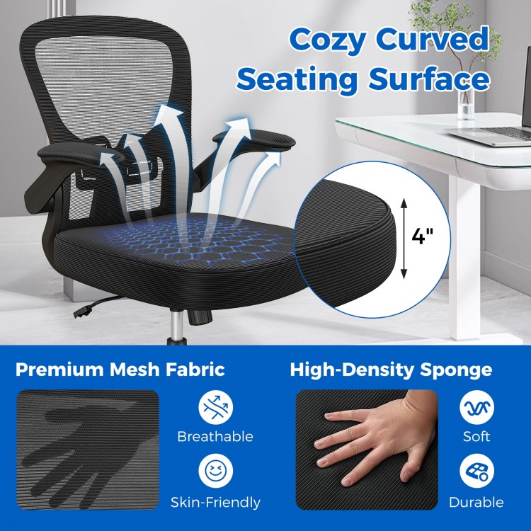 Adjustable swivel mesh office chair with flip-up armrests, breathable fabric, and cozy curved seating for enhanced.
