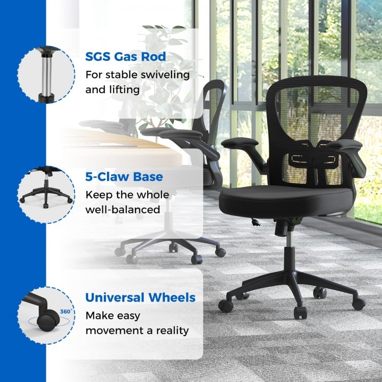 Adjustable swivel mesh task office chair in black with flip-up armrests, SGS gas rod, and universal wheels for easy.