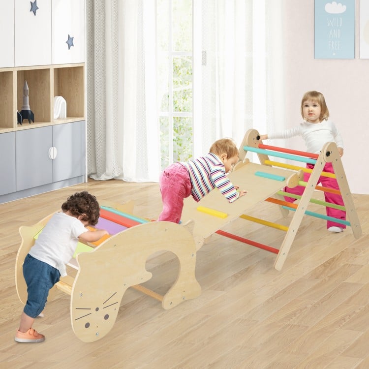 Indoor climbing toys for toddlers featuring a reversible ramp, triangle tunnel, and multicolor solid wood bars for safe.