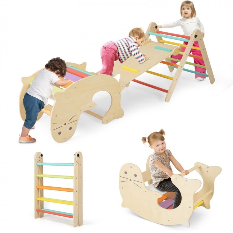 Multicolor 7-in-1 indoor climbing toy for toddlers featuring a reversible ramp, slide, and climbing ladder for active.