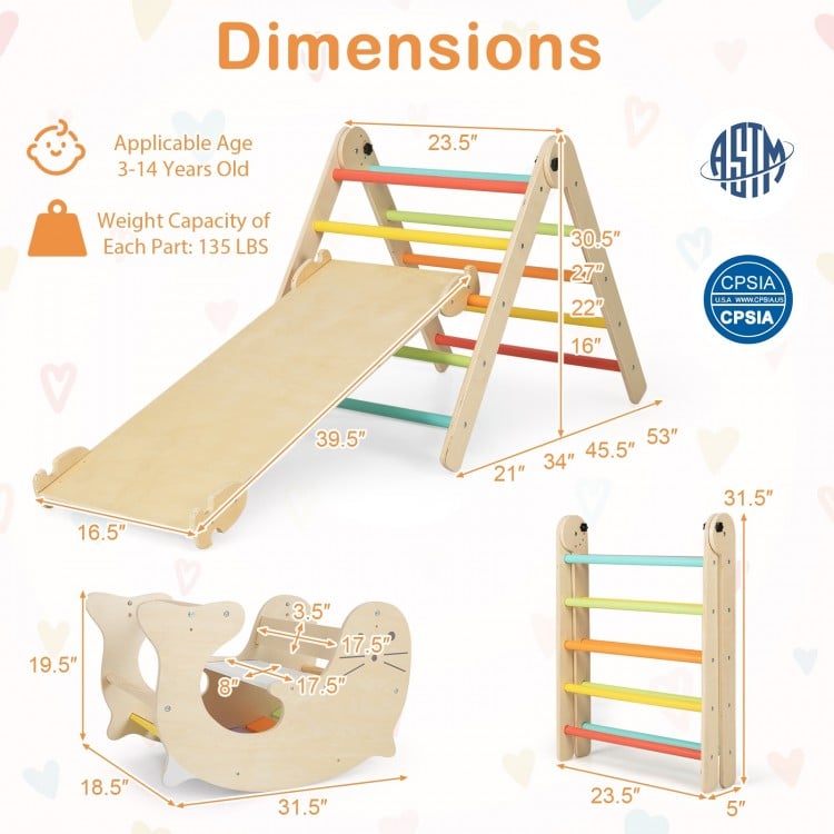 7-in-1 indoor climbing toy set for toddlers featuring a multicolor reversible ramp, ideal for playrooms and kids' rooms.