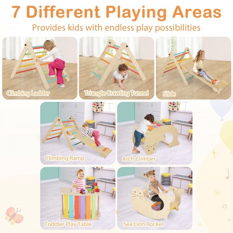 7-in-1 indoor climbing toys for toddlers featuring a slide, climbing ladder, and play table in multicolor for active.