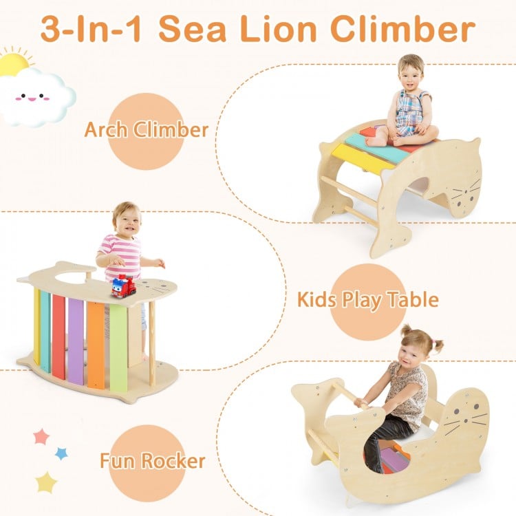 3-in-1 indoor climbing toys for toddlers featuring a fun rocker, kids play table, and arch climber in multicolor design.