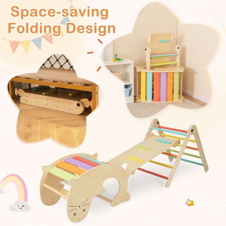 Indoor climbing toy set featuring a multicolor reversible ramp and folding design for toddlers' play and physical.