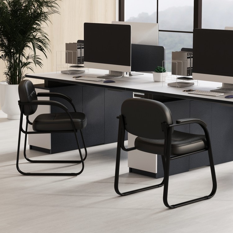 Black waiting room chair set with sled base and padded armrests, ideal for office or reception areas.