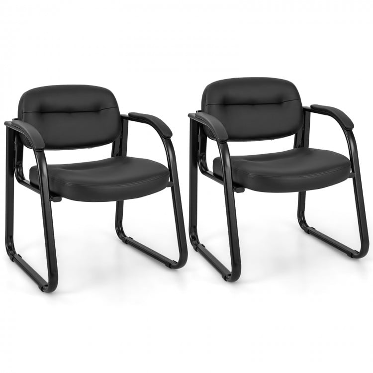Set of 2 black waiting room chairs with padded armrests and sled base, ideal for office or reception areas.
