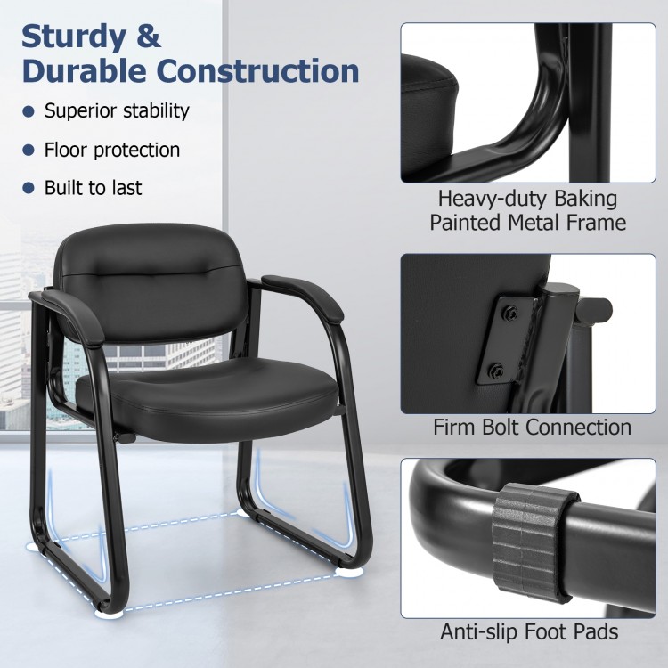 Black waiting room chair with padded armrests and sled base, featuring a durable metal frame and non-slip foot pads.