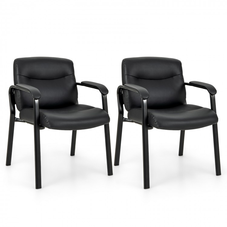 Set of 2 black waiting room chairs with ergonomic backrest and soft padded armrests for office or conference use.