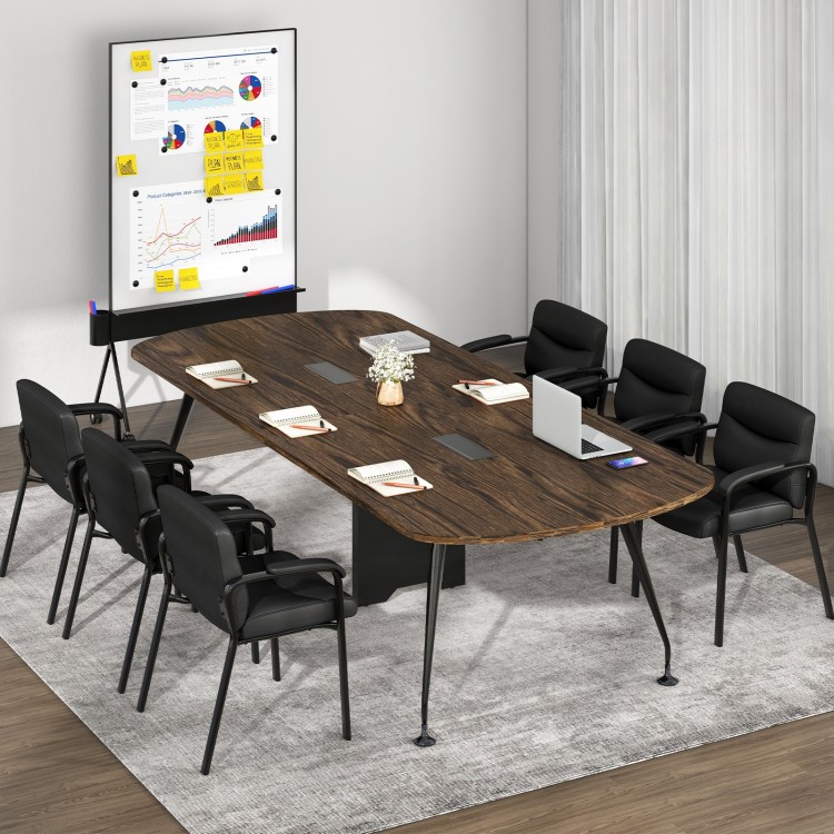 Set of two black waiting room chairs with ergonomic backrest and soft padded armrests for office or conference use.