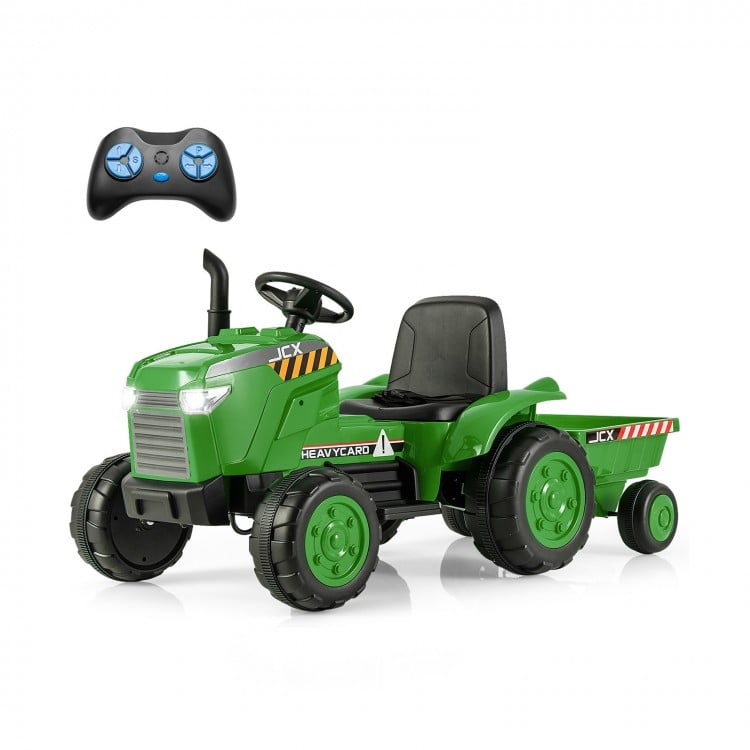 Green 12V kids ride-on tractor with detachable trailer and remote control, featuring music and safe slow start function.