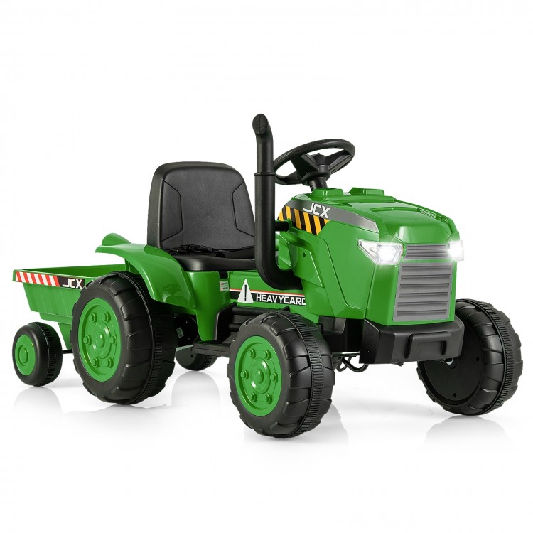 Kids ride-on tractor in green with detachable trailer, remote control, and premium wheels for safe outdoor fun.